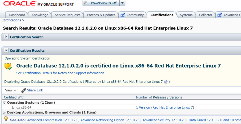Oracle 12.1.0.2 Zertifikation für Oracle Enterprise Linux 7